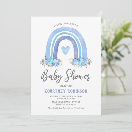 Blue Boho Rainbow Boy Baby shower Uitnodiging (Staand voorkant)
