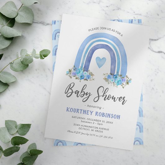 Blue Boho Rainbow Boy Baby shower Uitnodiging