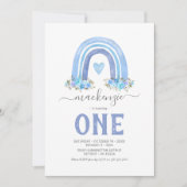 Blue Boho Rainbow Boy First Birthday Invitation Kaart (Voorkant)