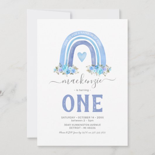 Blue Boho Rainbow Boy First Birthday Invitation Kaart (Voorkant)