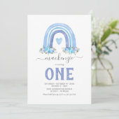 Blue Boho Rainbow Boy First Birthday Invitation Kaart (Staand voorkant)