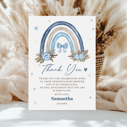 Blue Boho Regenboog Baby shower Dank u kaart