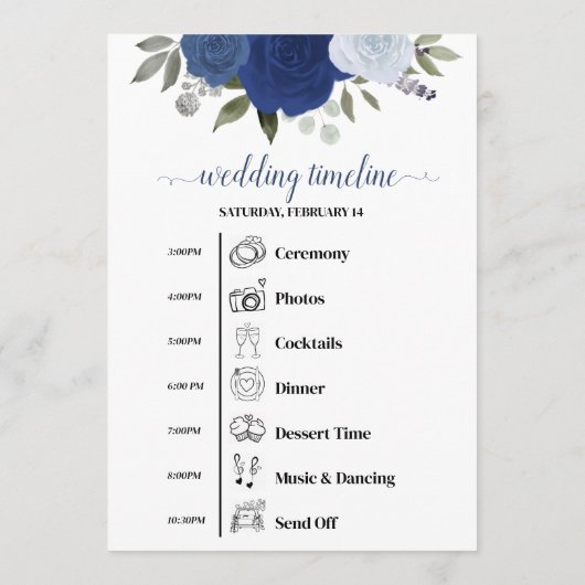 Blue Boho Roses Wedding Events & Timeline Programmakaart (Achterkant)