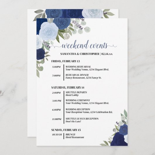 Blue Boho Roses Wedding Events & Timeline Programmakaart (Voorkant / Achterkant)