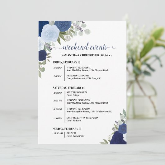 Blue Boho Roses Wedding Events & Timeline Programmakaart (Staand voorkant)