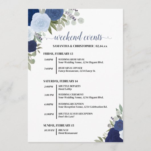 Blue Boho Roses Wedding Events & Timeline Programmakaart (Voorkant)