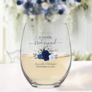 Blue Boho Rozen bruidsmeisje Maid of Honor Gift Wijnglas Zonder Voet