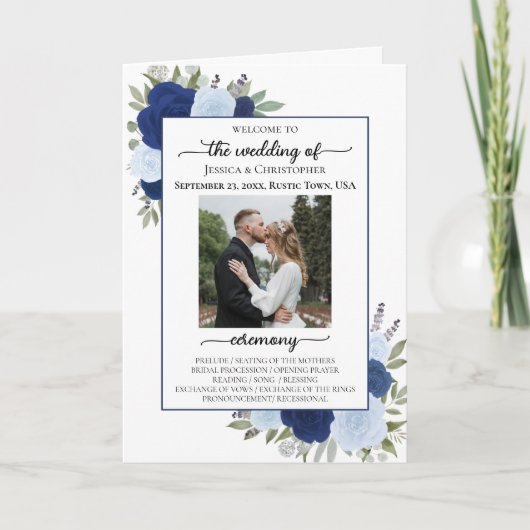 Blue Boho Rozen Ceremonie & Receptie Wedding Programma (Voorkant)