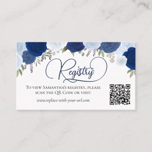 Blue Boho Rozen Vrijgezellenfeest Registry QR-code Informatiekaartje (Voorkant)