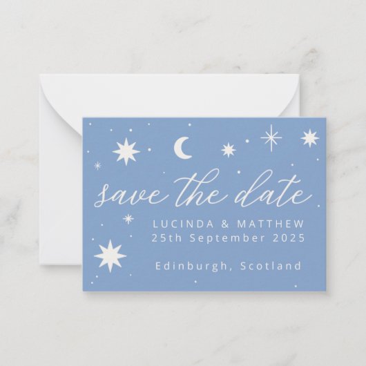 Blue Boho Stars Wedding Save the Date Kaart Notitiekaartje (Voorkant)