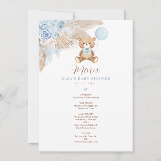 Blue Boho Teddy Bear Balloon Baby shower Menu Kaar Kaart (Voorkant)