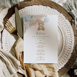 Blue Boho Teddy Bear Balloon Baby shower Menu Kaar Kaart