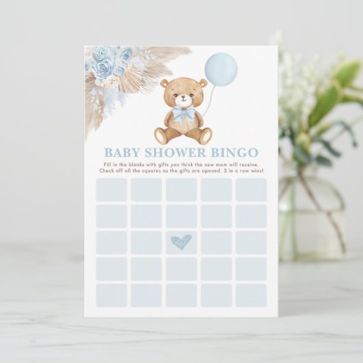 Blue Boho Teddy Bear Bingo Baby shower Game Kaart (Staand voorkant)