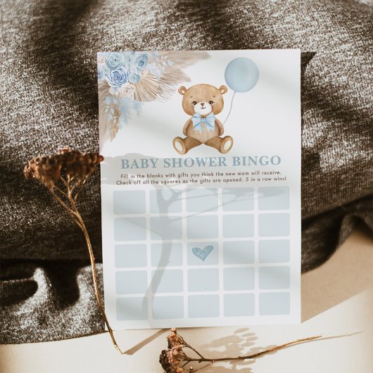 Blue Boho Teddy Bear Bingo Baby shower Game Kaart