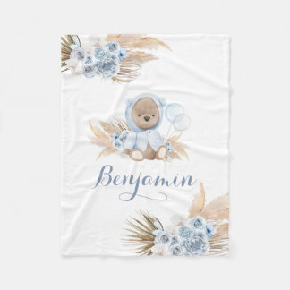 Blue Boho Teddy Bear Boy Baby shower Fleece Deken