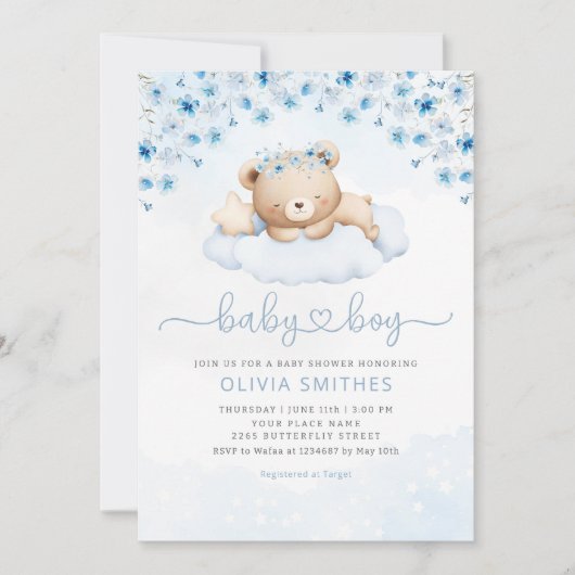 Blue Boho Teddy Bear Boy Baby shower Kaart (Voorkant)