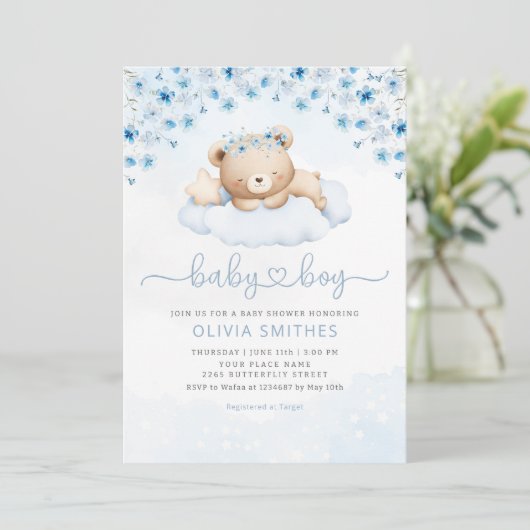 Blue Boho Teddy Bear Boy Baby shower Kaart (Staand voorkant)