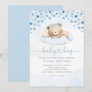 Blue Boho Teddy Bear Boy Baby shower Kaart