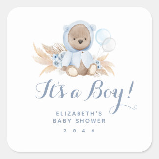 Blue Boho Teddy Bear Boy Baby shower Vierkante Sticker