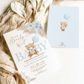 Blue Boho Teddy Bear Pampas Grass Boy Baby shower Kaart
