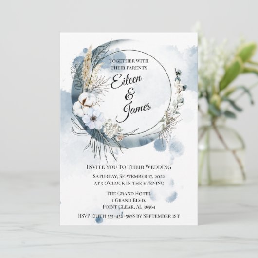 Blue Boho Waterverf Half Moon Wedding Kaart (Staand voorkant)