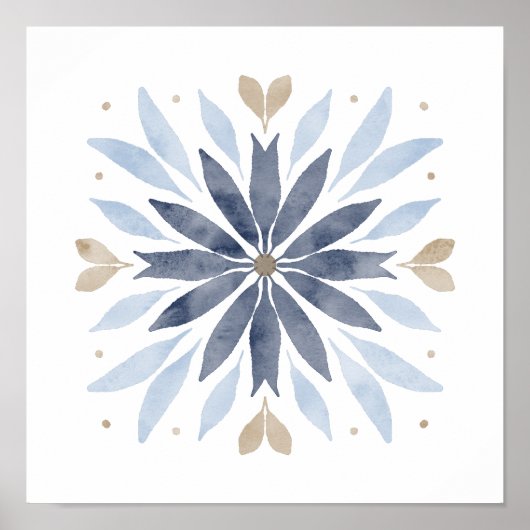 Blue Boho Waterverf Mandala Art Poster (Voorkant)