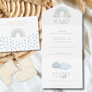 Blue Boho Waterverf Rainbow Boy Baby shower All In One Uitnodiging