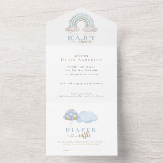 Blue Boho Waterverf Rainbow Boy Baby shower All In One Uitnodiging (Binnen)