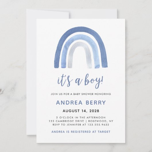 Blue Boho Waterverf Rainbow Boy Baby shower Kaart (Voorkant)