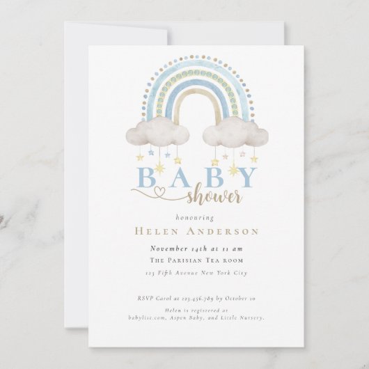Blue Boho Waterverf Rainbow Boy Baby shower Kaart (Voorkant)