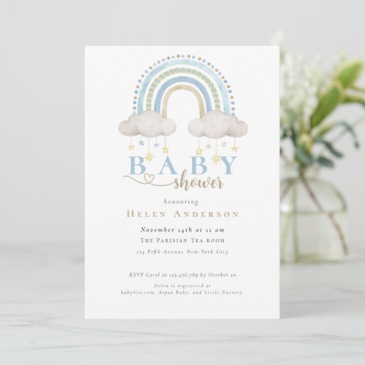 Blue Boho Waterverf Rainbow Boy Baby shower Kaart (Staand voorkant)