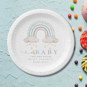 Blue Boho Waterverf Rainbow Boy Baby shower Papieren Bordje