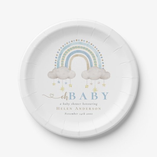 Blue Boho Waterverf Rainbow Boy Baby shower Papieren Bordje (Voorkant)