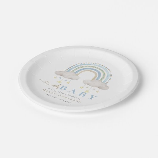 Blue Boho Waterverf Rainbow Boy Baby shower Papieren Bordje (Gekanteld)