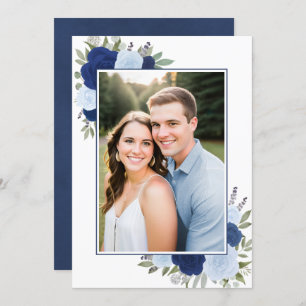 Blue Boho Waterverf Rozen Foto Onderlay Wedding Kaart