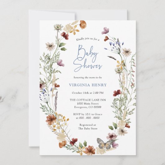 Blue Boho Wildflower Baby shower Invitation Kaart (Voorkant)