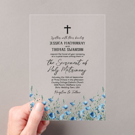 Blue Boho Wildflowers Modern Katholieke bruiloft Acryl Uitnodigingen (Insitu (Draagbaar))