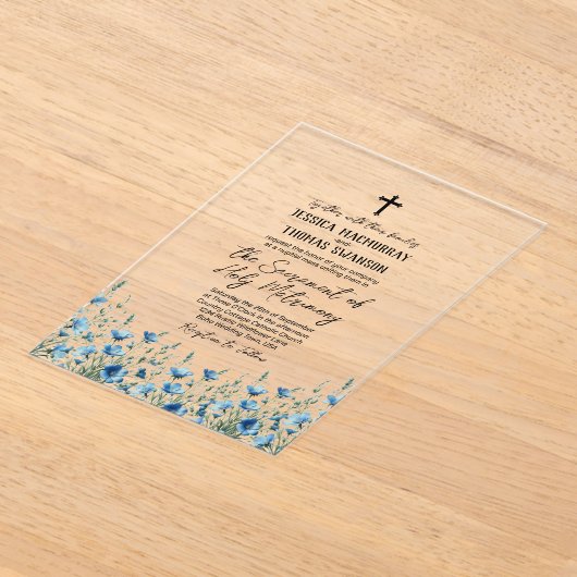 Blue Boho Wildflowers Modern Katholieke bruiloft Acryl Uitnodigingen (Laagn)