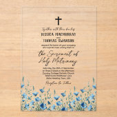 Blue Boho Wildflowers Modern Katholieke bruiloft Acryl Uitnodigingen (Voorkant)