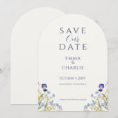 Blue Boho Wildflowers Wedding Save the Date Kaart (Voorkant / Achterkant)