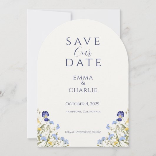 Blue Boho Wildflowers Wedding Save the Date Kaart (Voorkant)