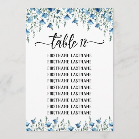 Blue Boho Wildflowers Wedding Seating Chart Kaart (Voorkant)