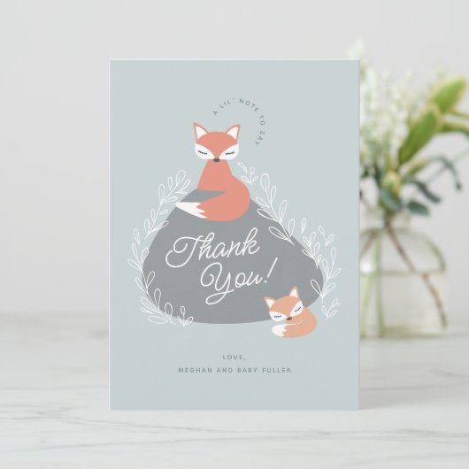 Blue Boho Woodland Foxes Baby shower Flat Bedankkaart (Staand voorkant)