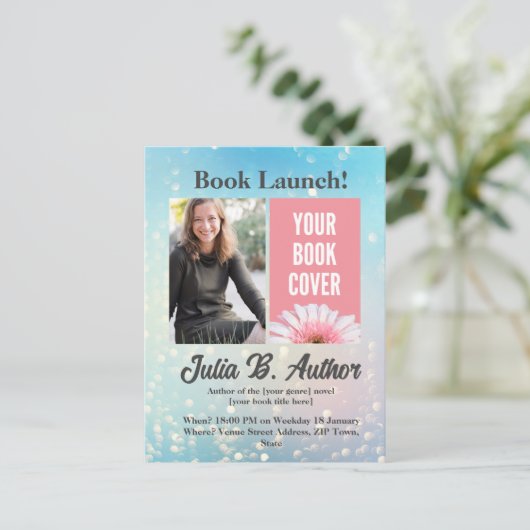 Blue Bokeh Auteur Boek Lancering Uitnodiging (Staand voorkant)