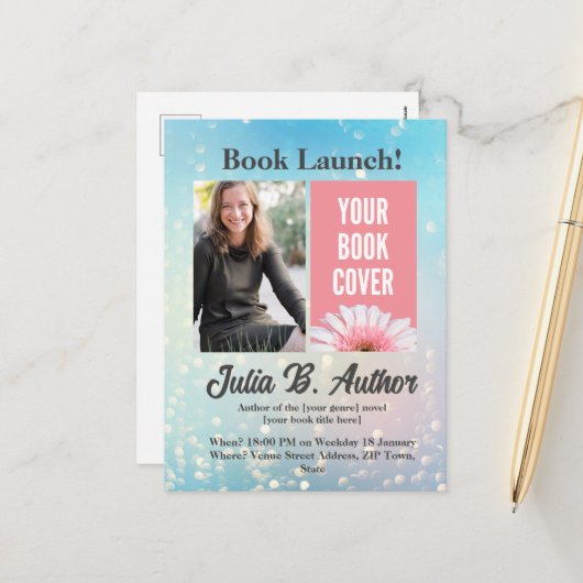 Blue Bokeh Auteur Boek Lancering Uitnodiging (Voorkant / Achterkant in situ)