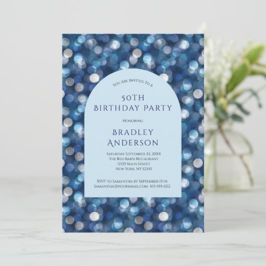 Blue Bokeh Background Arch For Him 50th Birthday Kaart (Staand voorkant)