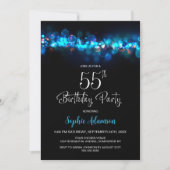 Blue Bokeh Black 55th Birthday Party Kaart (Voorkant)