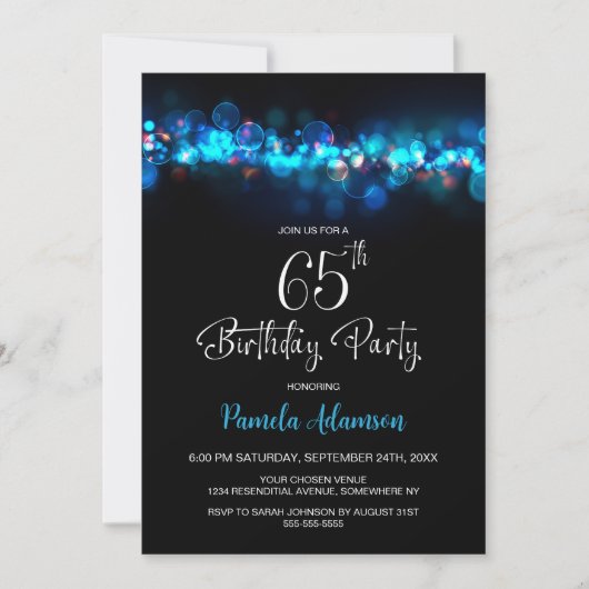 Blue Bokeh Black 65th Birthday Party Kaart (Voorkant)