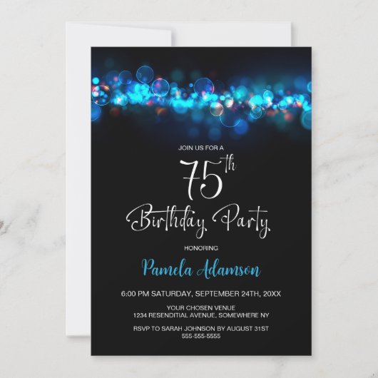Blue Bokeh Black 75th Birthday Party Kaart (Voorkant)