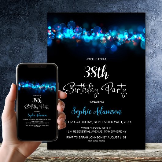 Blue Bokeh Black Any Age Birthday Party Kaart